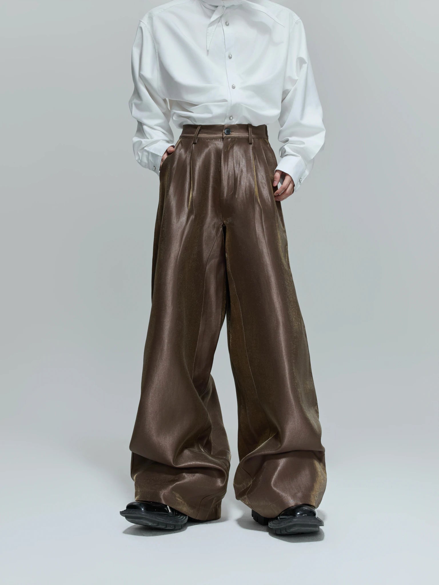 Pleated Wide-Leg Trousers | High-Waist Cotton Blend - Brown