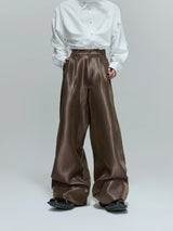 Pleated Wide-Leg Trousers | High-Waist Cotton Blend - Brown