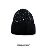 Rhinestone Knit Hat with Adjustable Strap - Black