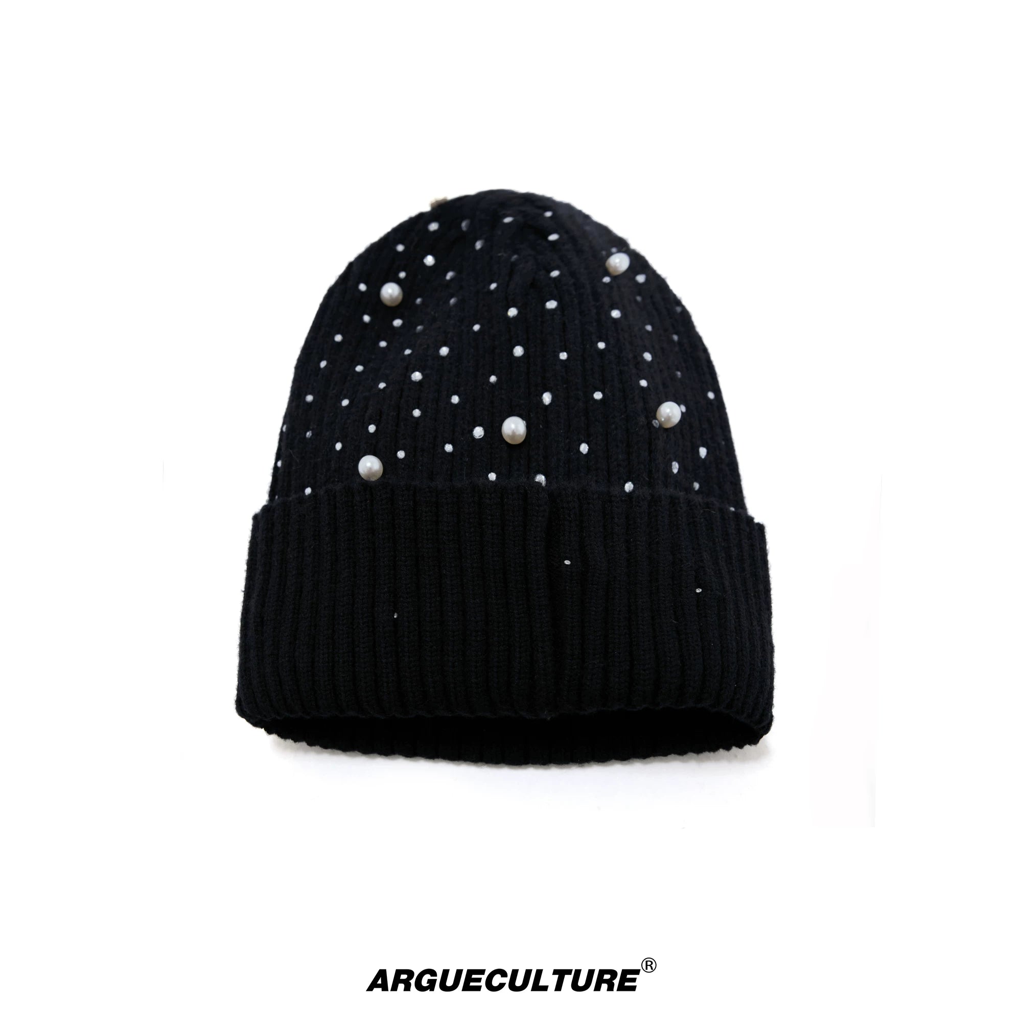 Rhinestone Knit Hat with Adjustable Strap - Black