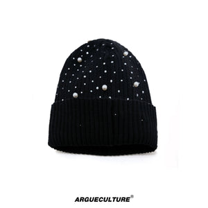 Rhinestone Knit Hat with Adjustable Strap - Black