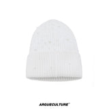 Rhinestone Knit Hat with Adjustable Strap - White