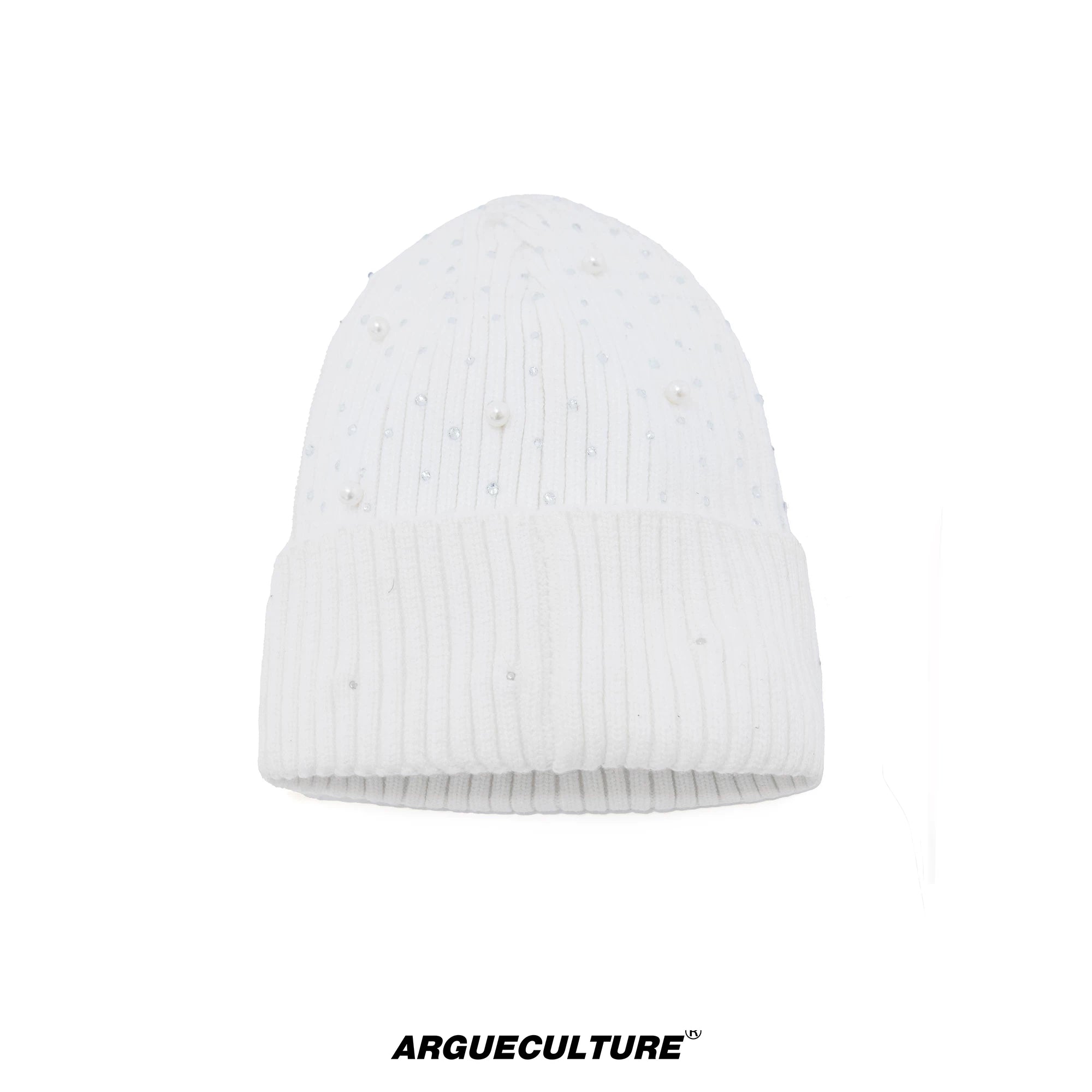 Rhinestone Knit Hat with Adjustable Strap - White