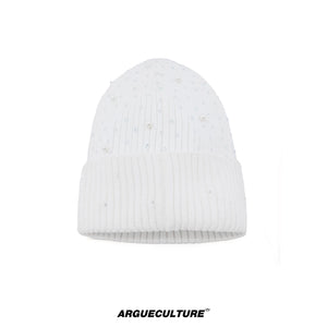 Rhinestone Knit Hat with Adjustable Strap - White