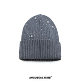 Rhinestone Knit Hat with Adjustable Strap - Gray