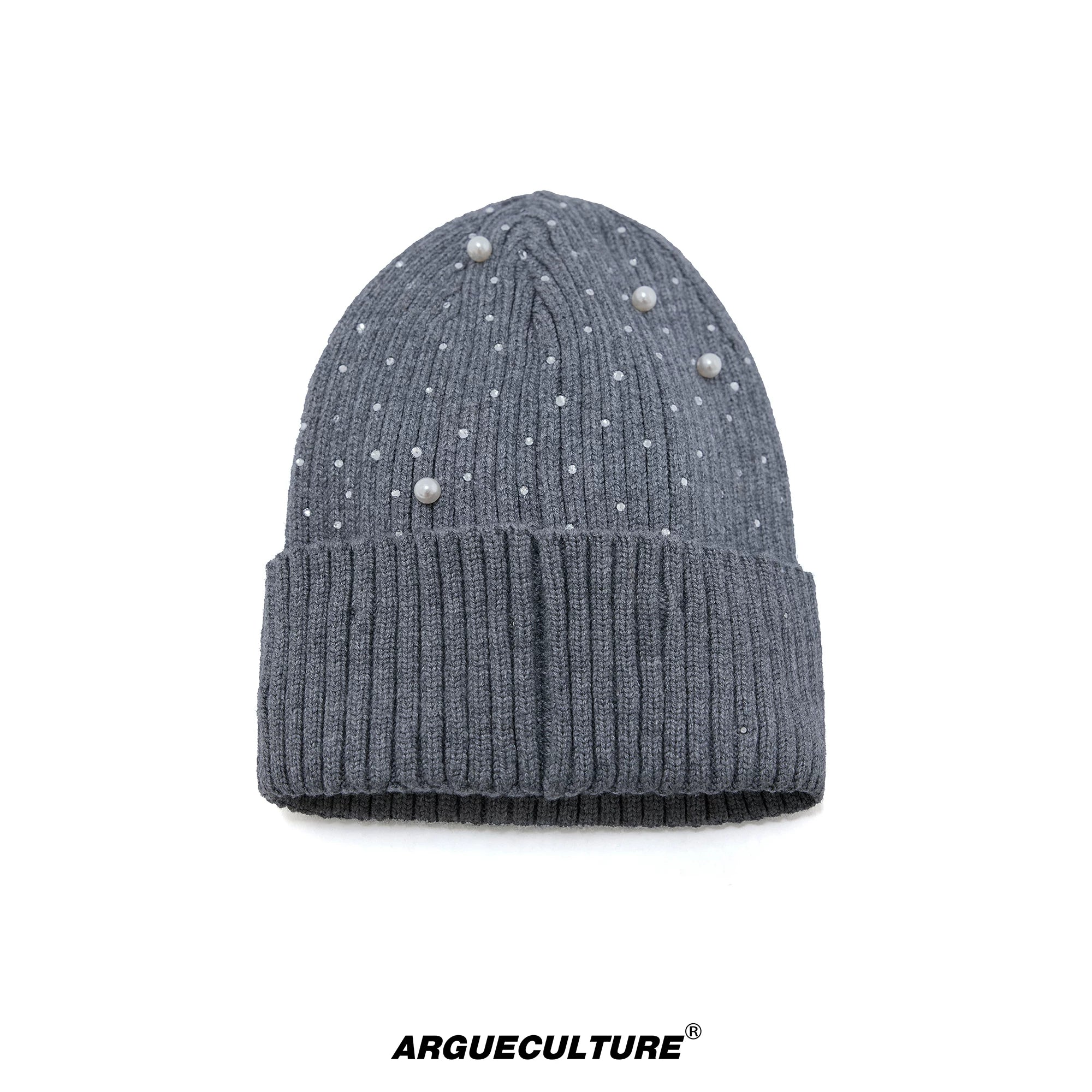 Rhinestone Knit Hat with Adjustable Strap - Gray