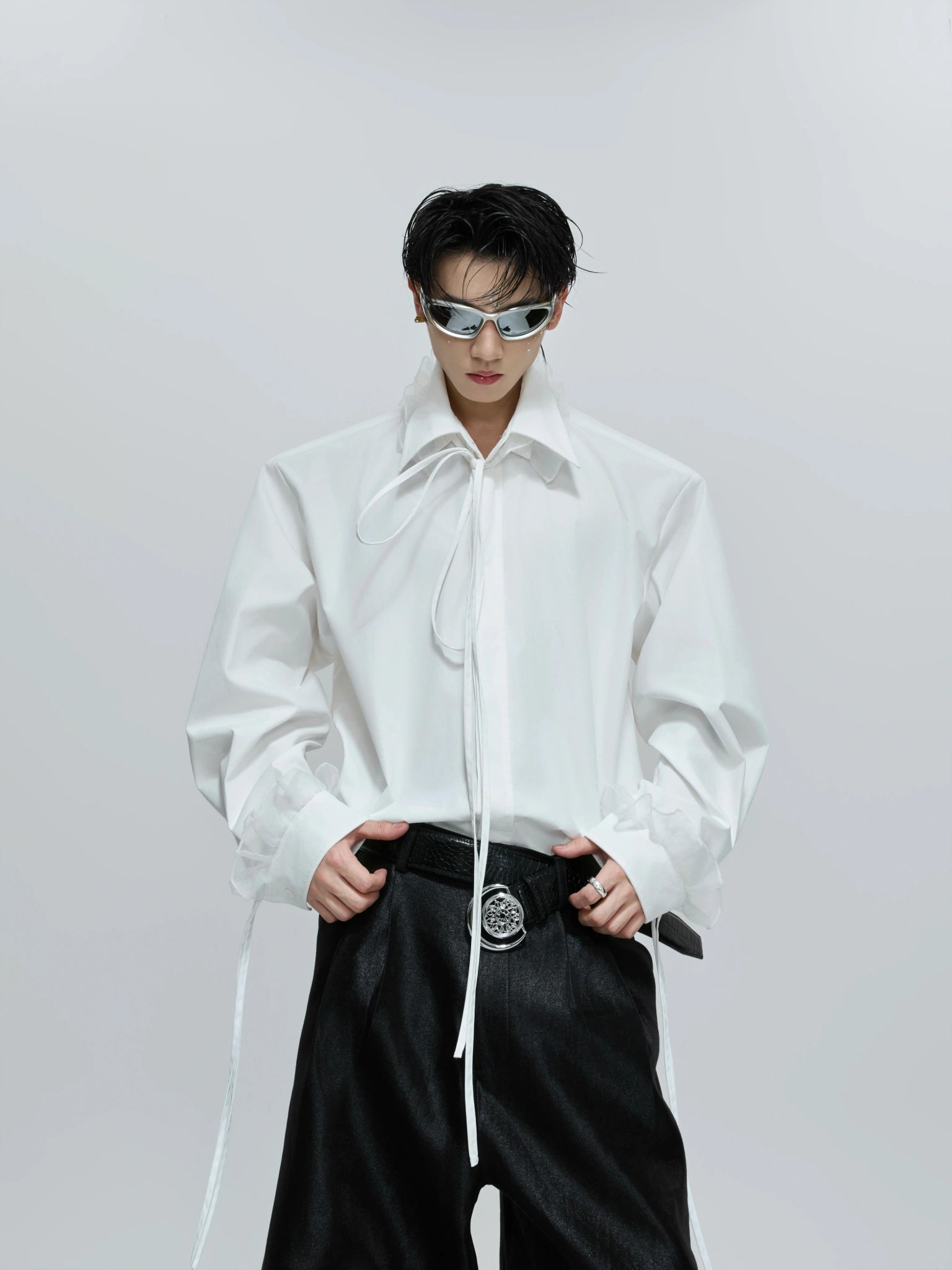 Loose Detachable Ribbon Shoulder-Pad Cotton Shirt - main image 1
