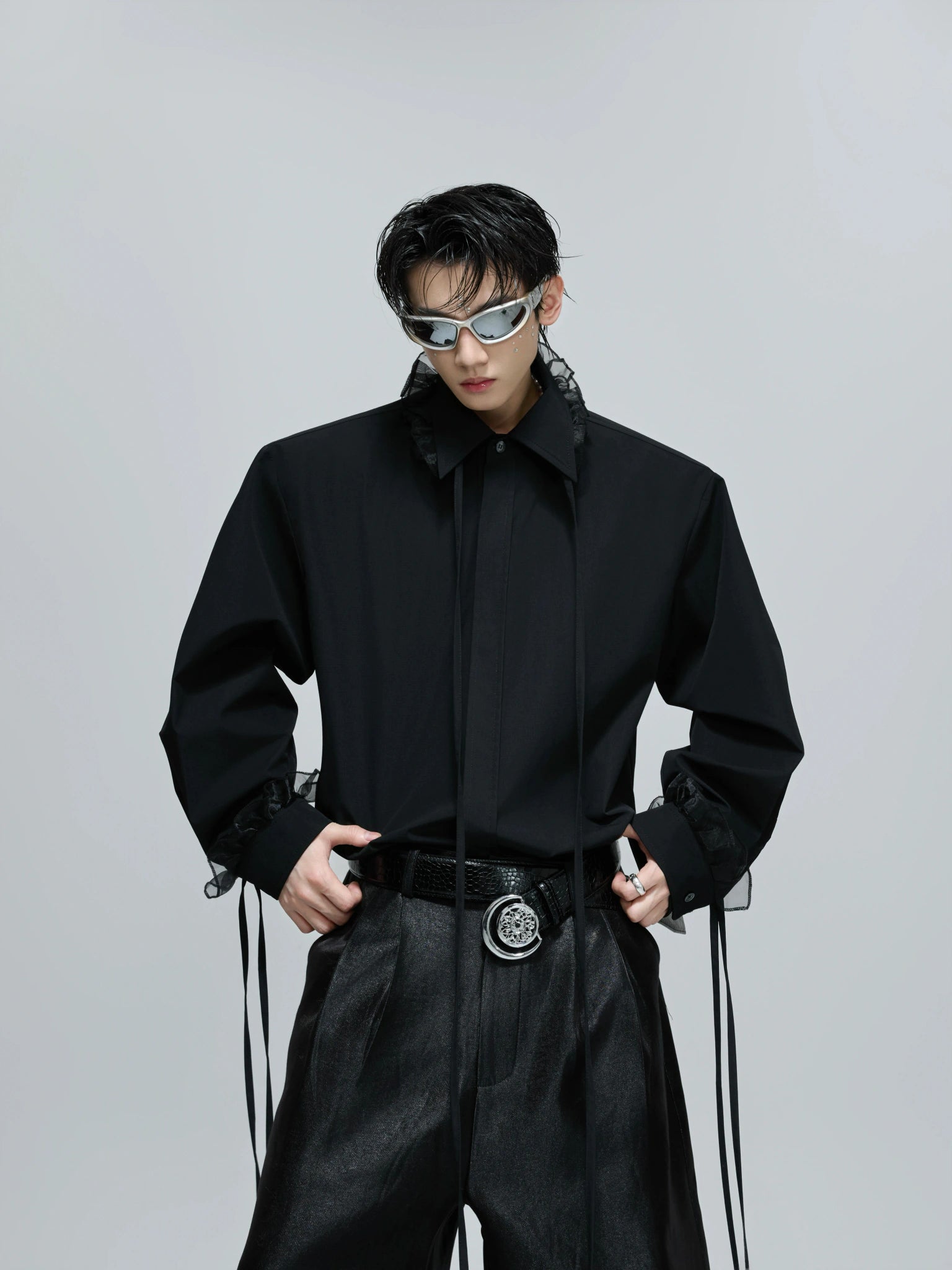 Loose Detachable Ribbon Shoulder-Pad Cotton Shirt - main image 2