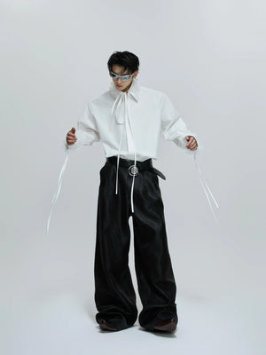 Loose Detachable Ribbon Shoulder-Pad Cotton Shirt - main image 3