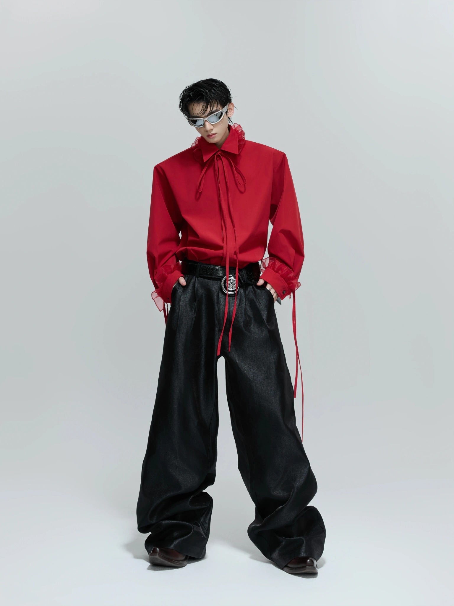 Loose Detachable Ribbon Shoulder-Pad Cotton Shirt - main image 4