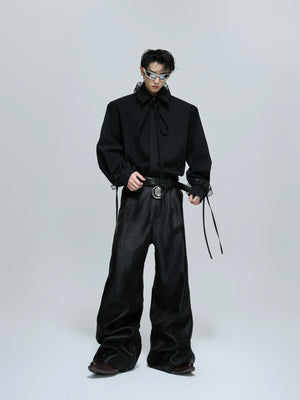 Loose Detachable Ribbon Shoulder-Pad Cotton Shirt - main image 5