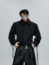 Loose Detachable Ribbon Shoulder-Pad Cotton Shirt - Black Top