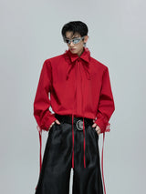 Loose Detachable Ribbon Shoulder-Pad Cotton Shirt - Red Top