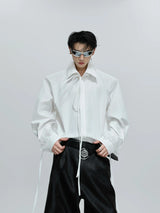 Loose Detachable Ribbon Shoulder-Pad Cotton Shirt - White Top