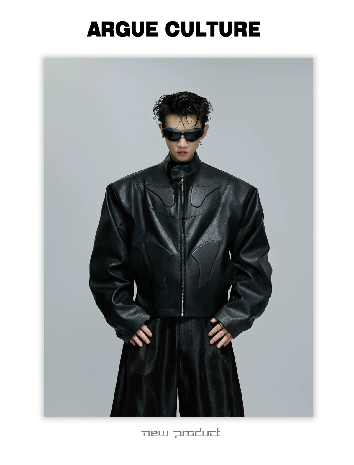 Sculpted Faux Leather Moto Jacket with Stand Collar - description image 1