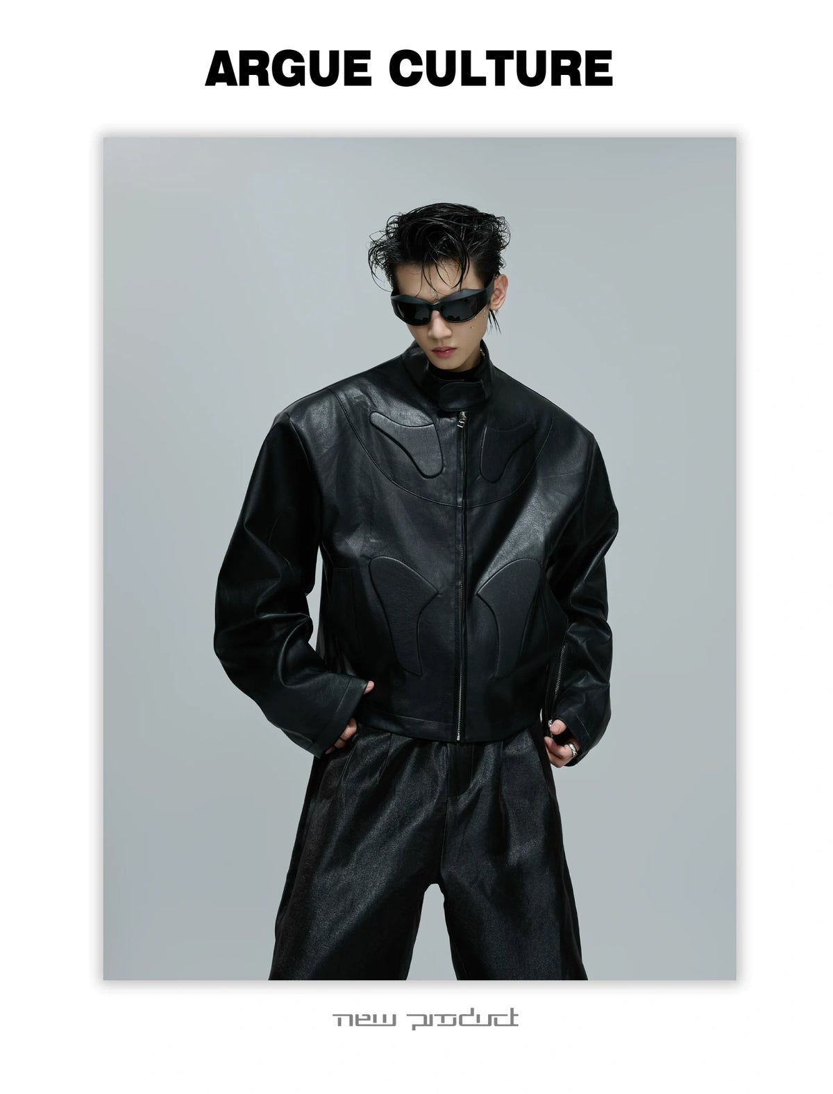 Sculpted Faux Leather Moto Jacket with Stand Collar - description image 19