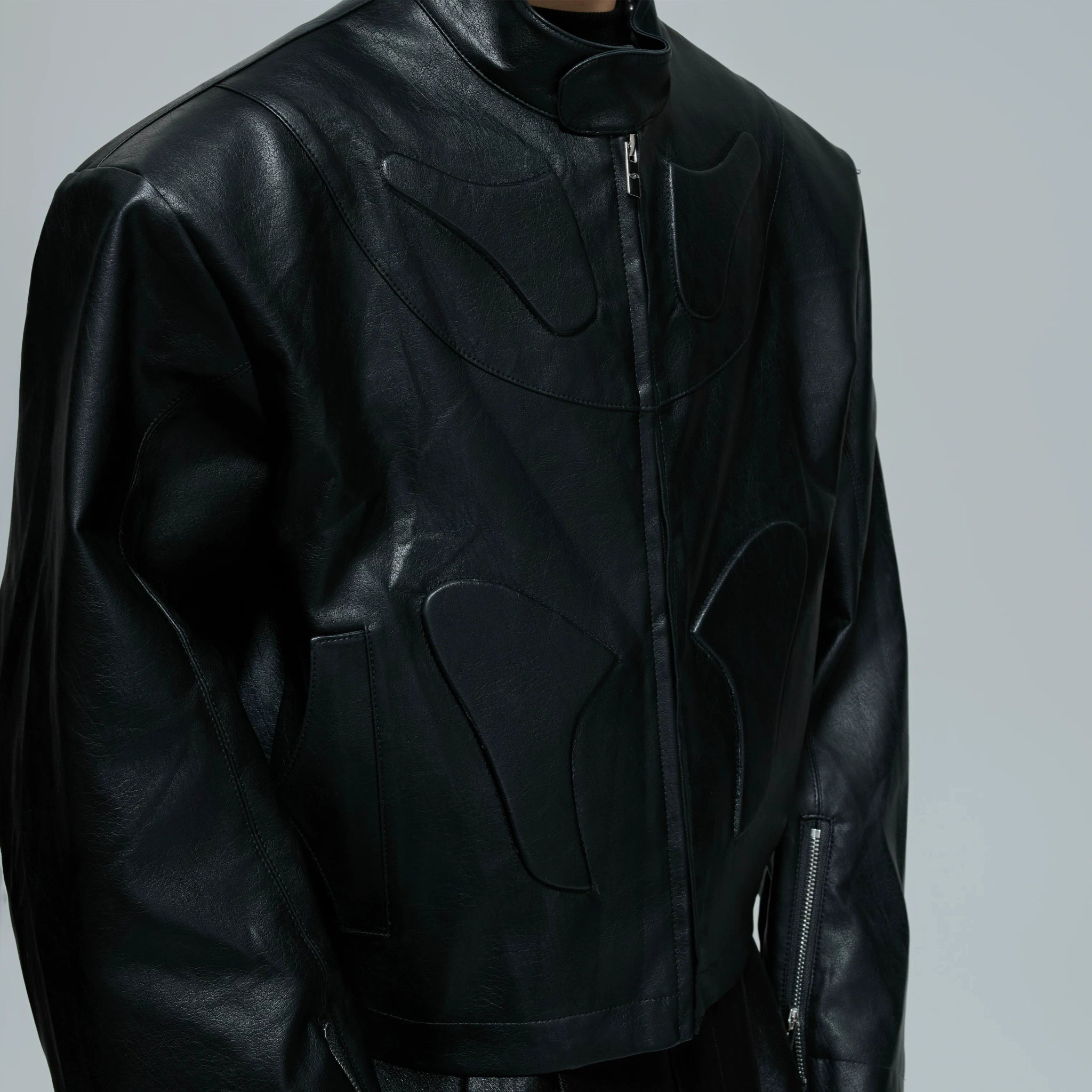 Sculpted Faux Leather Moto Jacket with Stand Collar - main image 3