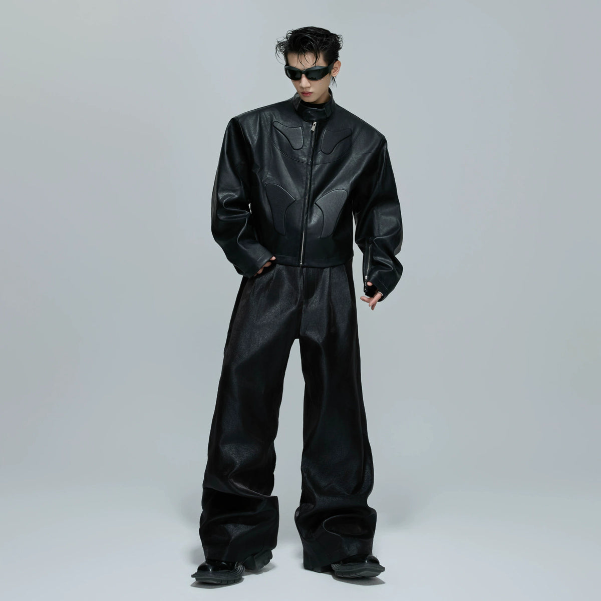 Sculpted Faux Leather Moto Jacket with Stand Collar - main image 5
