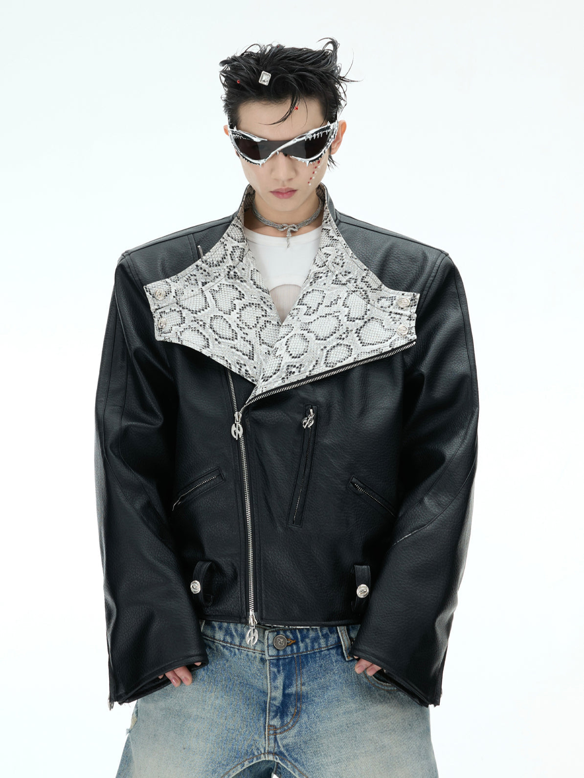 Snake Pattern PU Short Jacket with Lapel Collar and Zipper Pockets - ArgueCulture