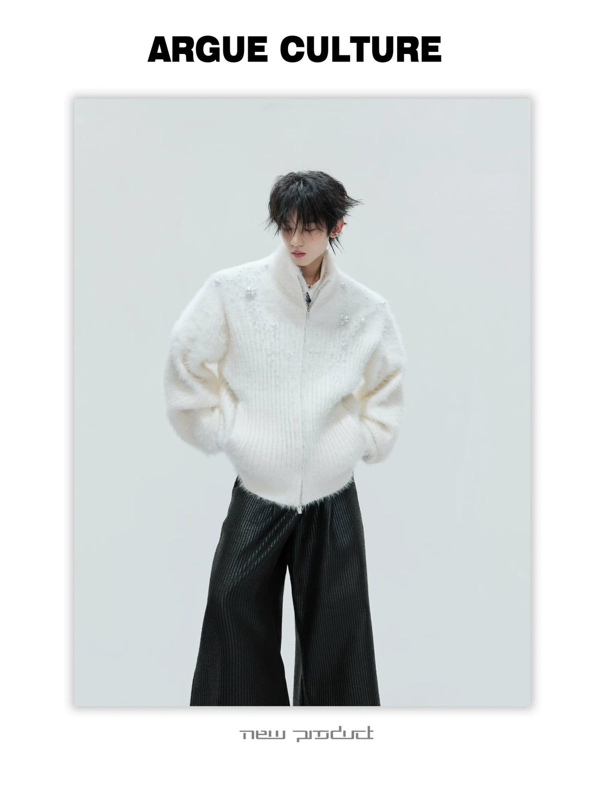 Pearl-Detail Wool-Blend Zip Cardigan Sweater | Unisex - description image 2