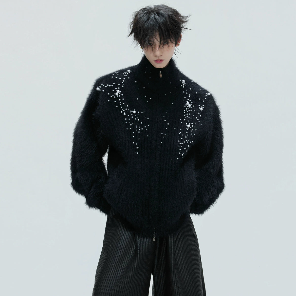 Pearl-Detail Wool-Blend Zip Cardigan Sweater | Unisex - main image 1