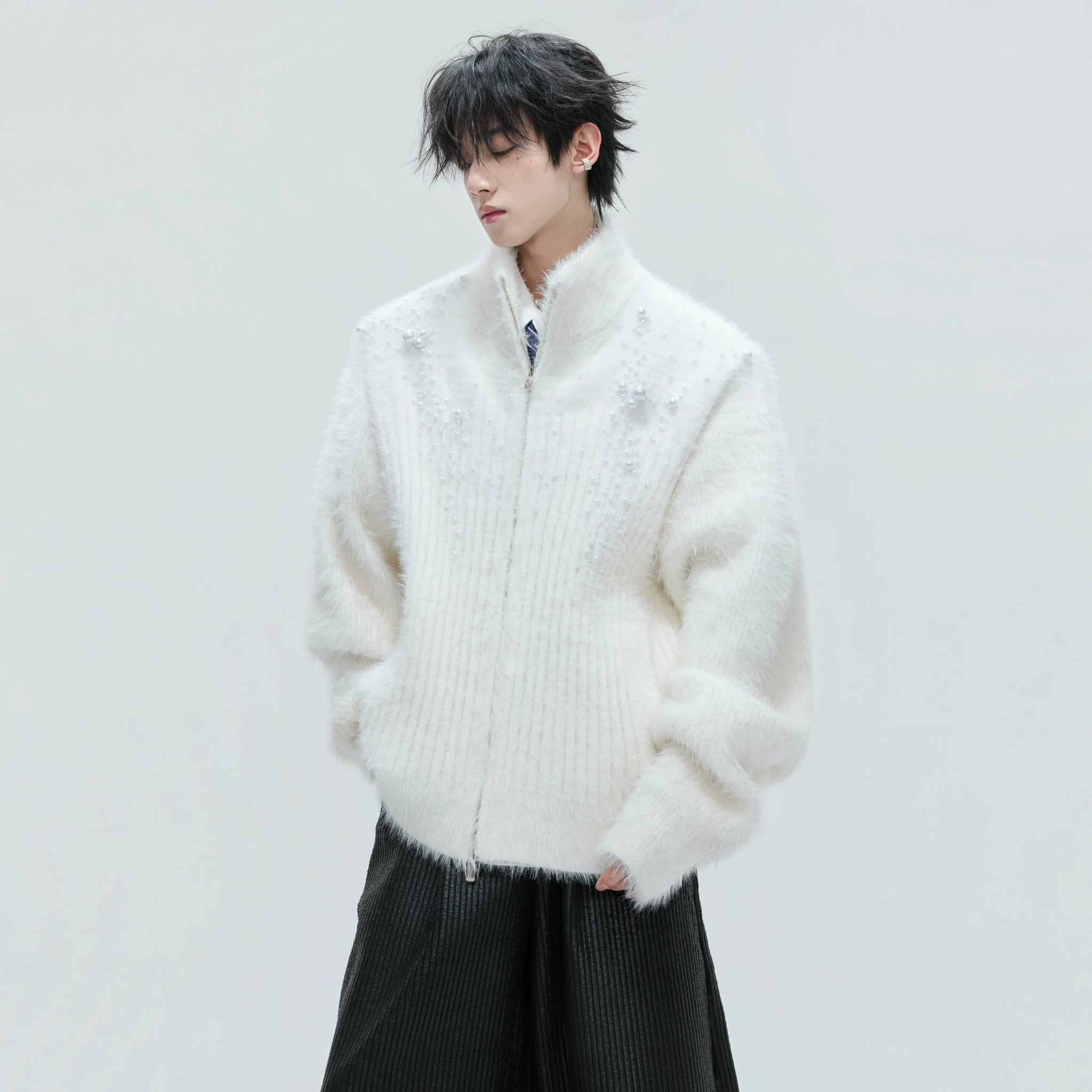 Pearl-Detail Wool-Blend Zip Cardigan Sweater | Unisex - main image 2