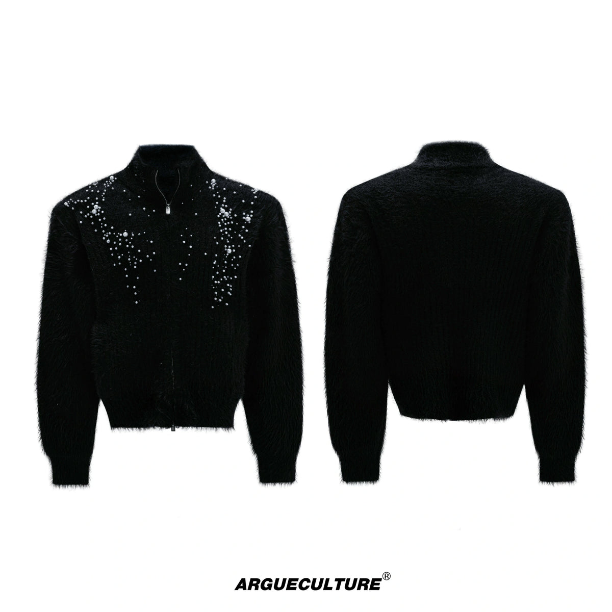 Pearl-Detail Wool-Blend Zip Cardigan Sweater | Unisex - Black Top