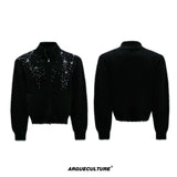 Pearl-Detail Wool-Blend Zip Cardigan Sweater | Unisex - Black Top