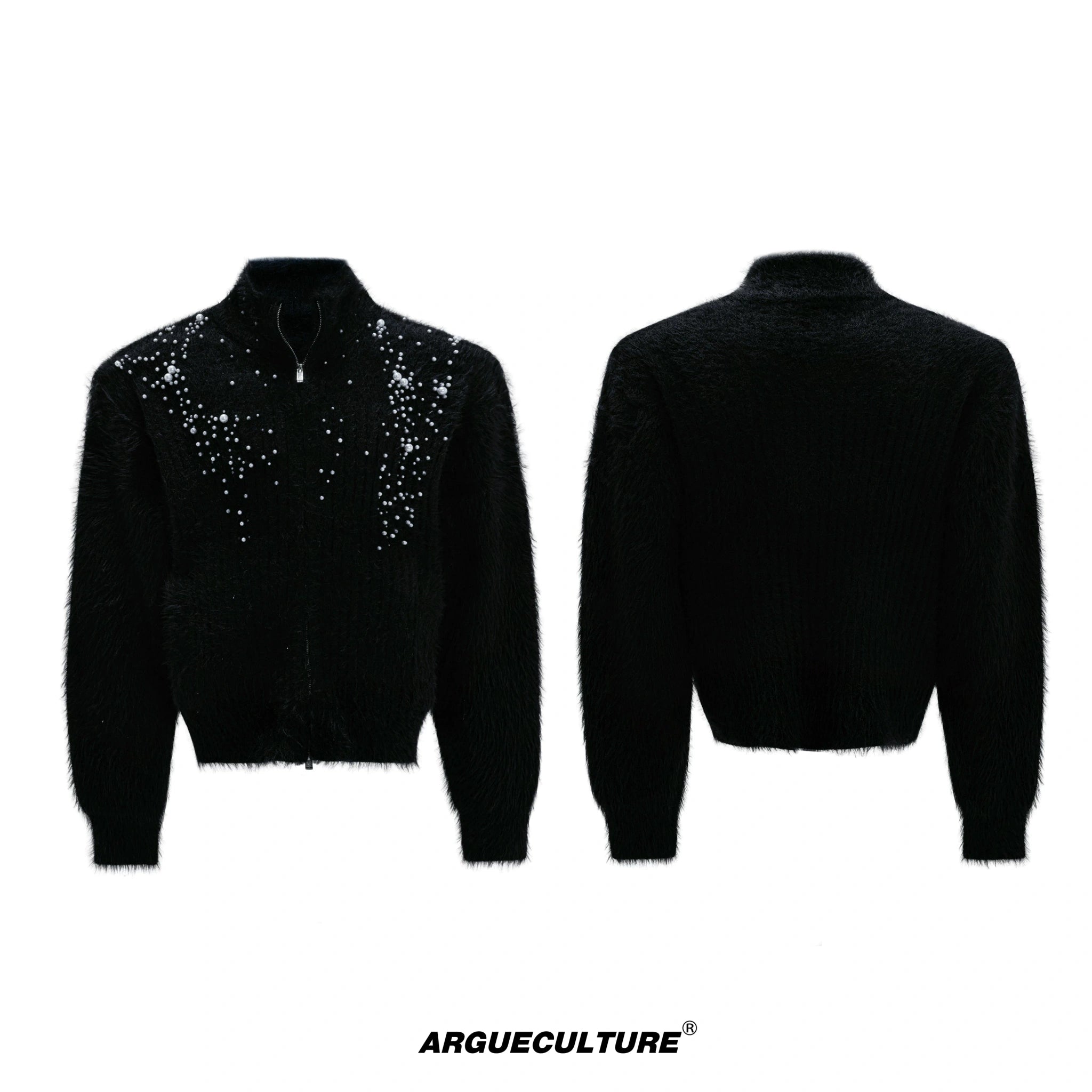 Pearl-Detail Wool-Blend Zip Cardigan Sweater | Unisex - Black Top