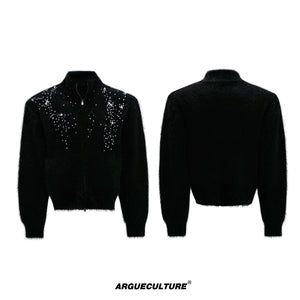 Pearl-Detail Wool-Blend Zip Cardigan Sweater | Unisex - Black Top