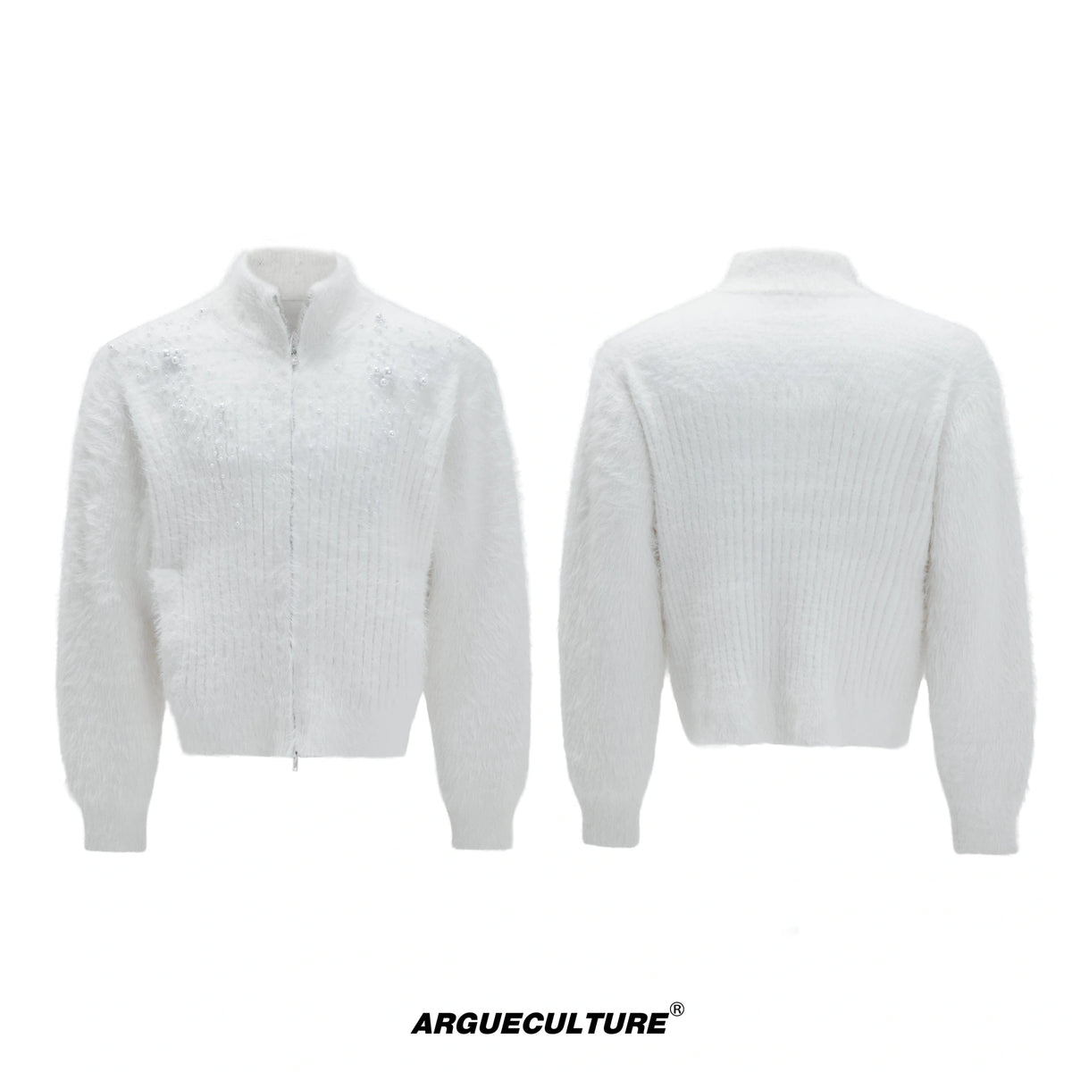 Pearl-Detail Wool-Blend Zip Cardigan Sweater | Unisex - White Top