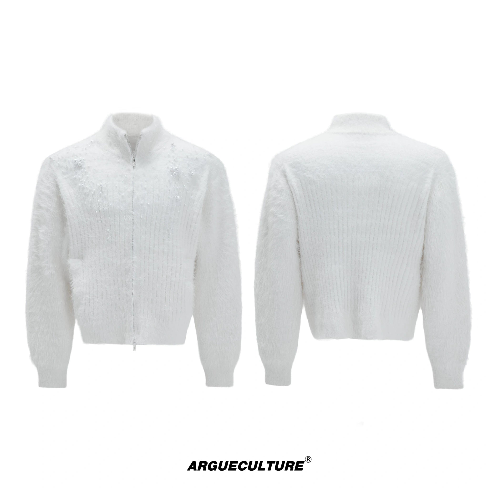 Pearl-Detail Wool-Blend Zip Cardigan Sweater | Unisex - White Top
