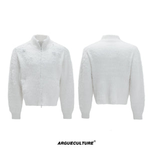 Pearl-Detail Wool-Blend Zip Cardigan Sweater | Unisex - White Top