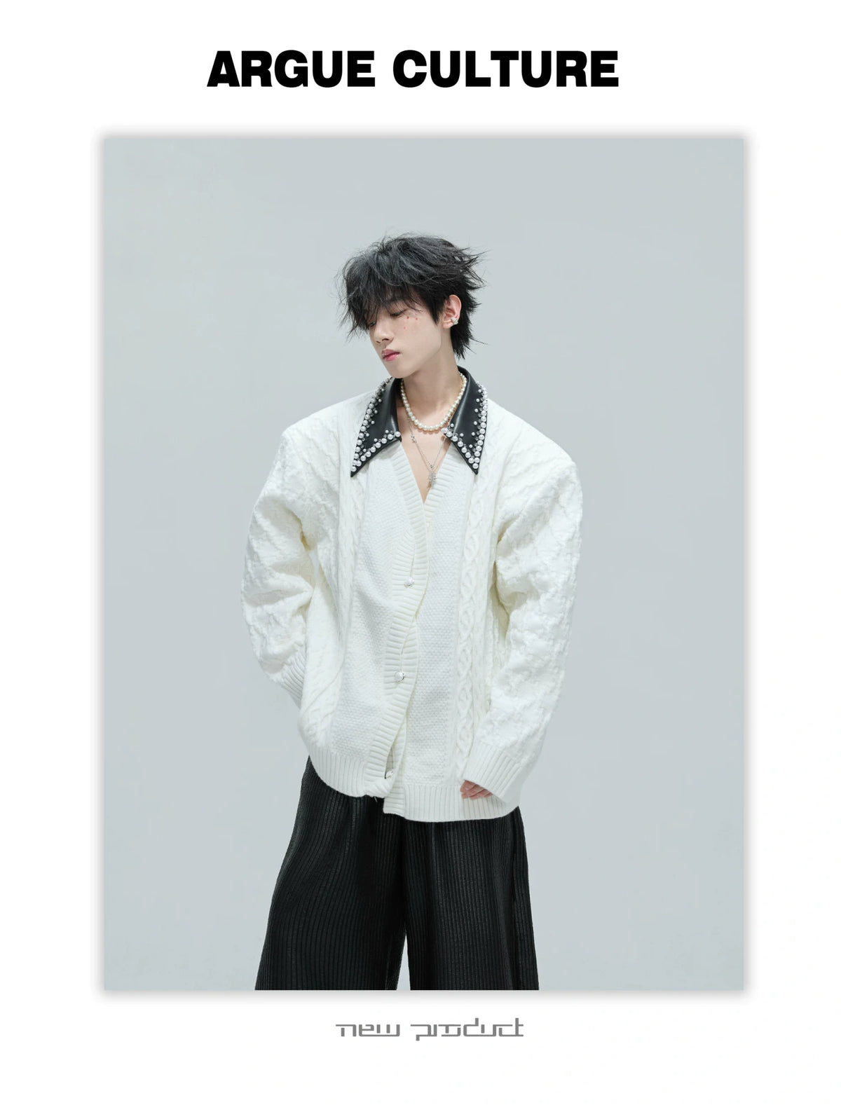 Pearl-Trimmed Wool Blend Cardigan with Contrast Collar - description image 1