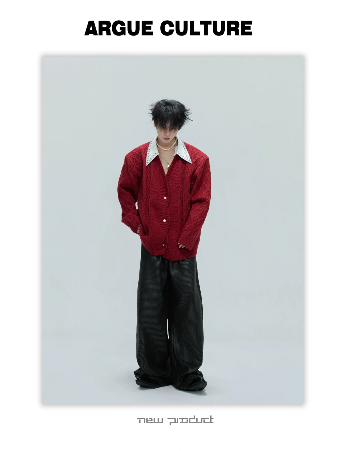 Pearl-Trimmed Wool Blend Cardigan with Contrast Collar - description image 2