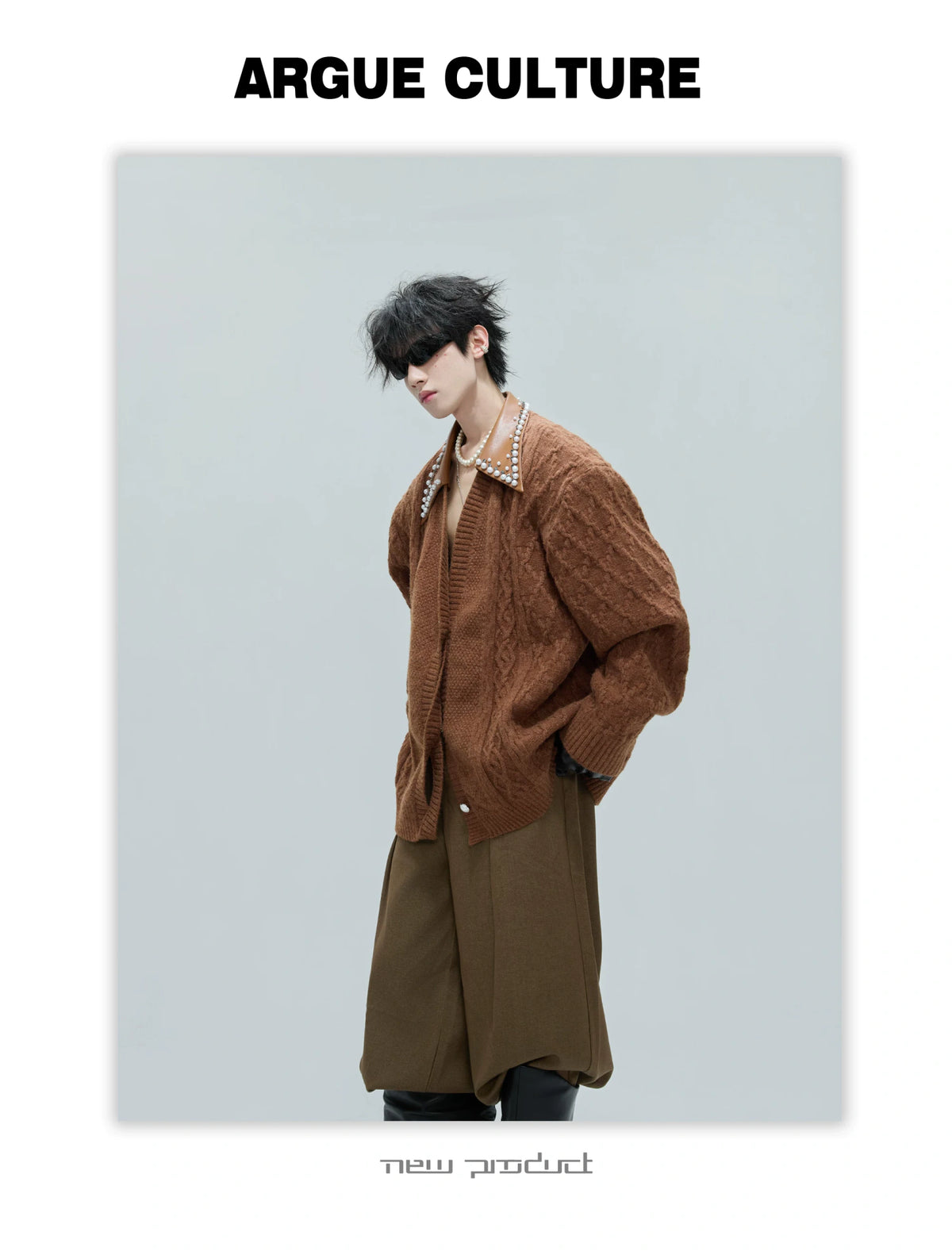Pearl-Trimmed Wool Blend Cardigan with Contrast Collar - description image 3
