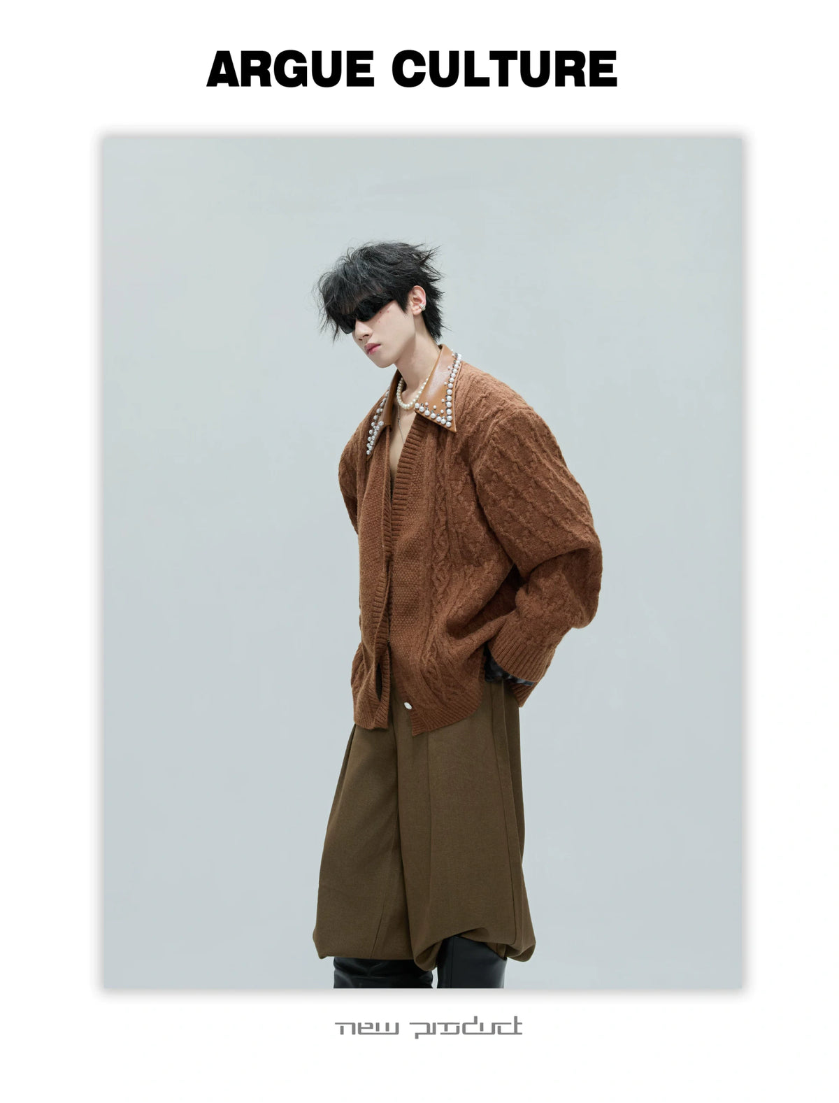 Pearl-Trimmed Wool Blend Cardigan with Contrast Collar - description image 4