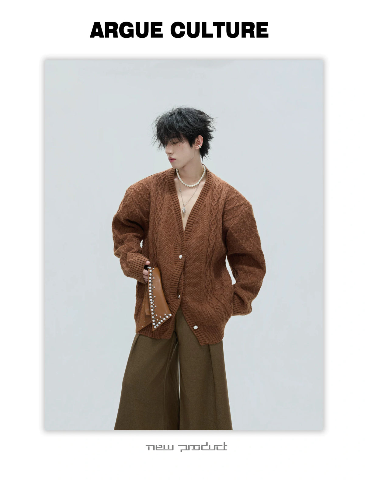 Pearl-Trimmed Wool Blend Cardigan with Contrast Collar - description image 5