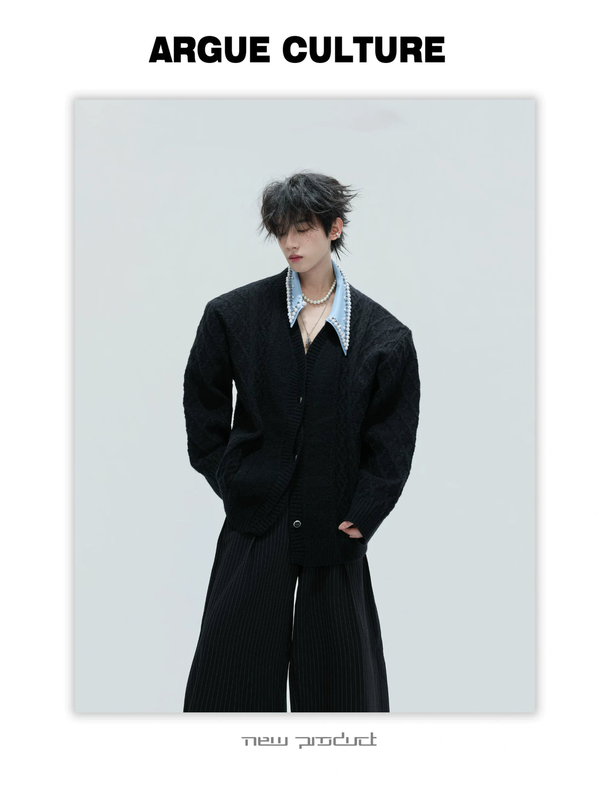 Pearl-Trimmed Wool Blend Cardigan with Contrast Collar - description image 7