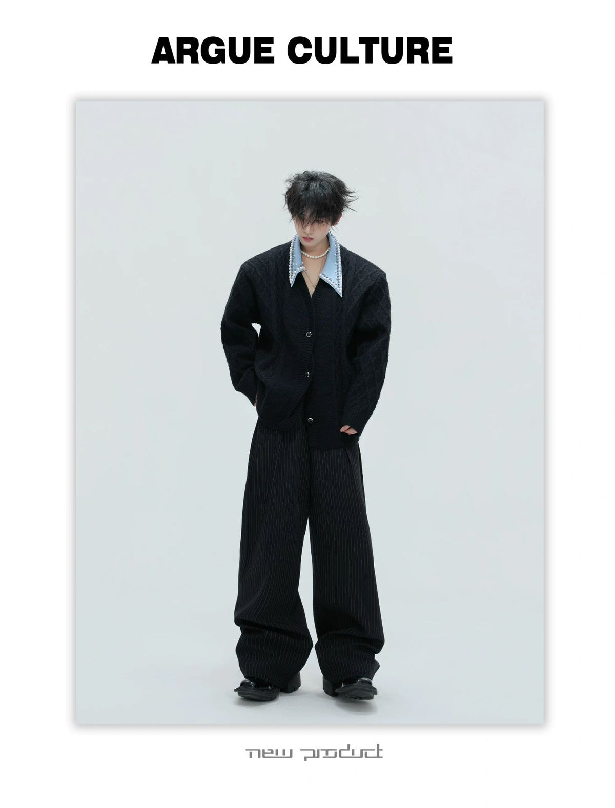Pearl-Trimmed Wool Blend Cardigan with Contrast Collar - description image 9