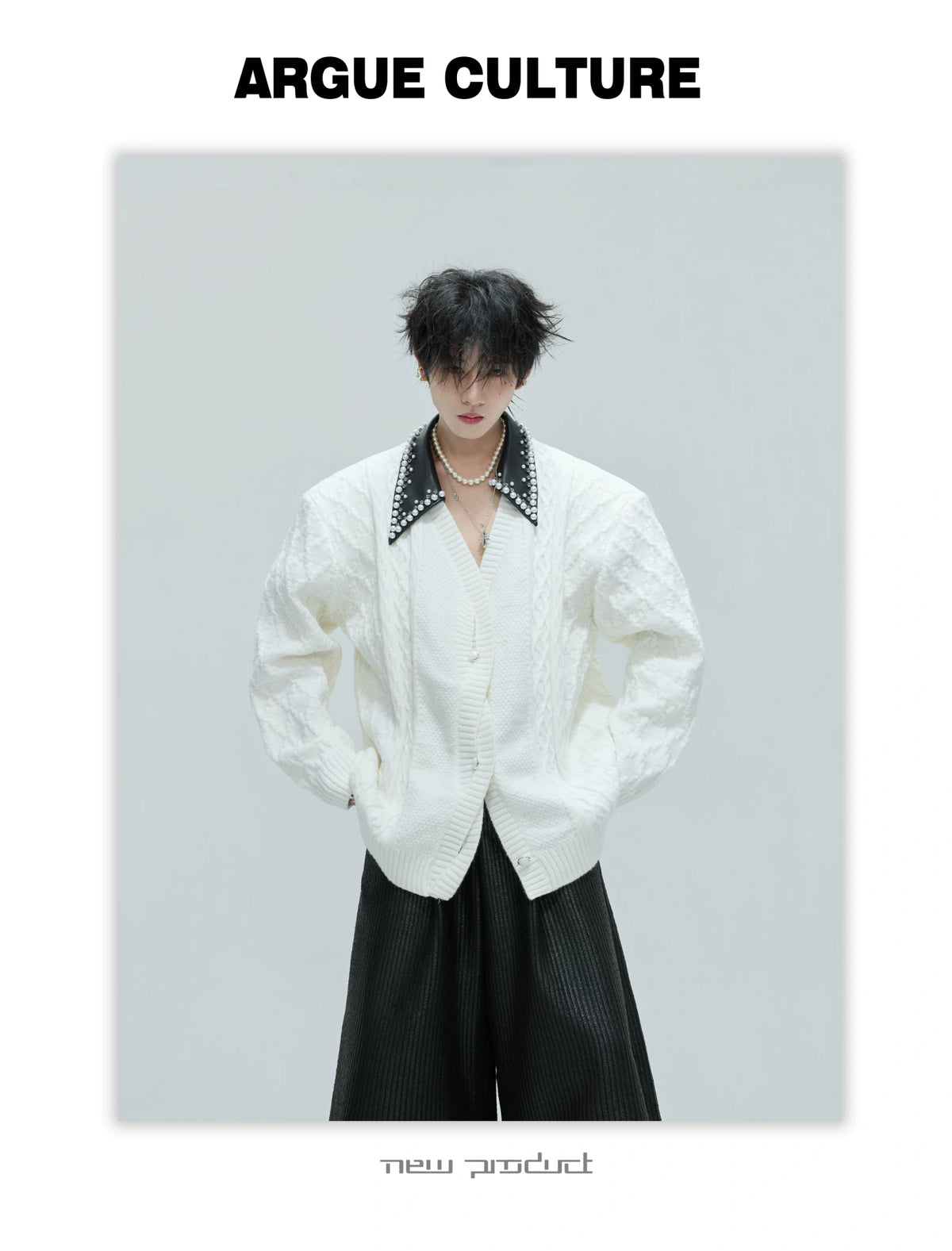 Pearl-Trimmed Wool Blend Cardigan with Contrast Collar - description image 11
