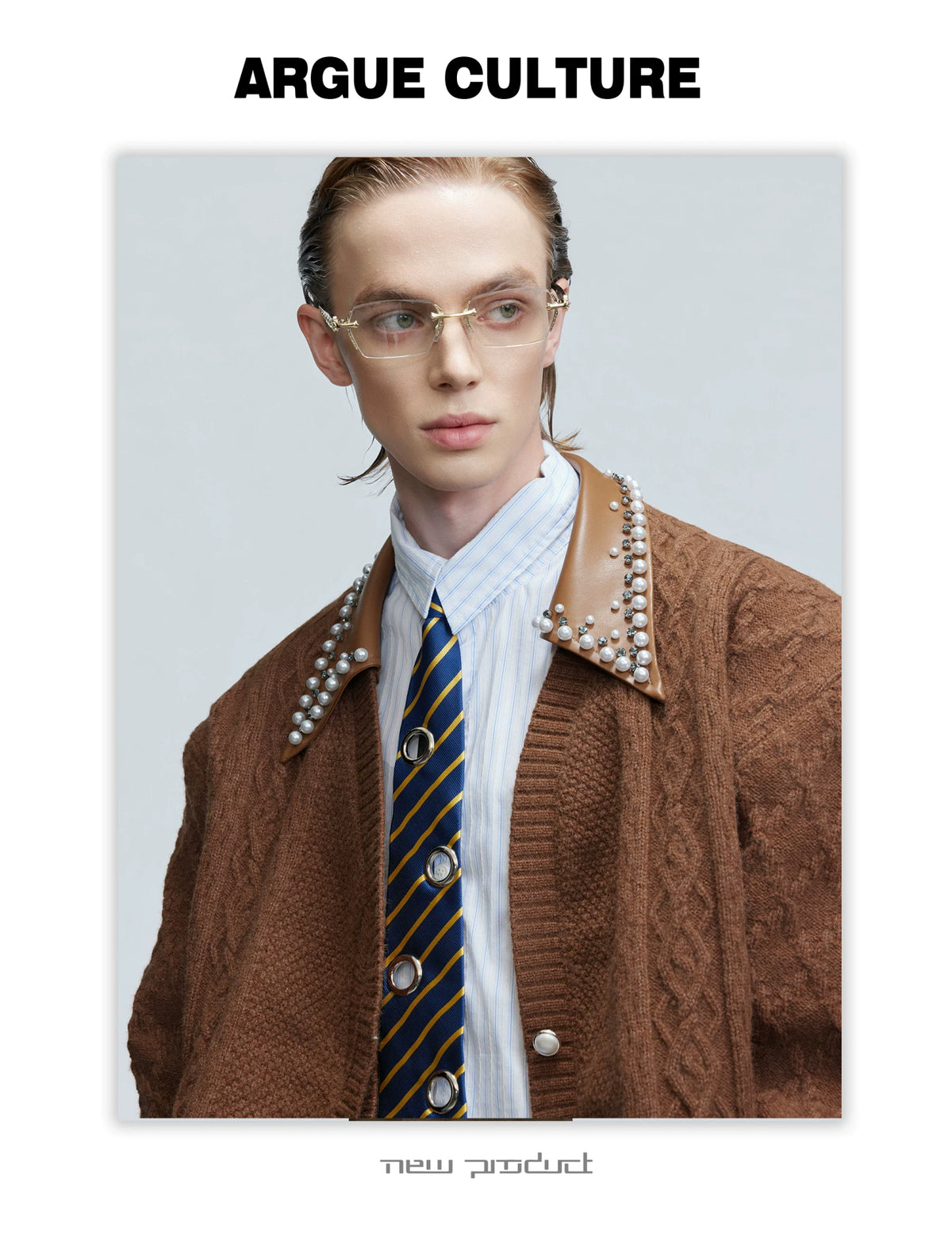 Pearl-Trimmed Wool Blend Cardigan with Contrast Collar - description image 15