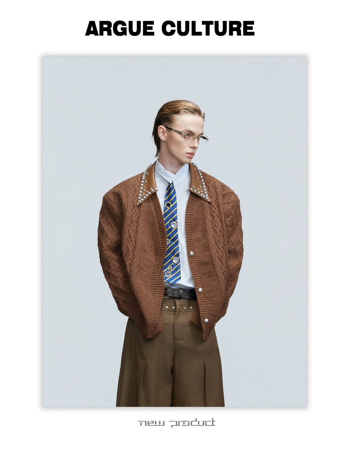 Pearl-Trimmed Wool Blend Cardigan with Contrast Collar - description image 17