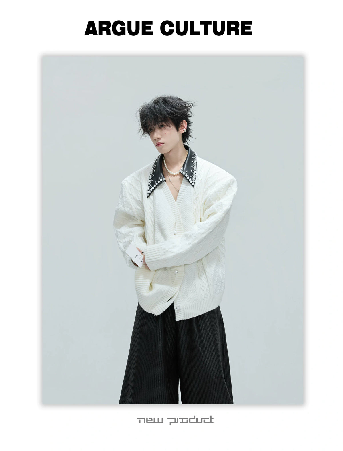 Pearl-Trimmed Wool Blend Cardigan with Contrast Collar - description image 18