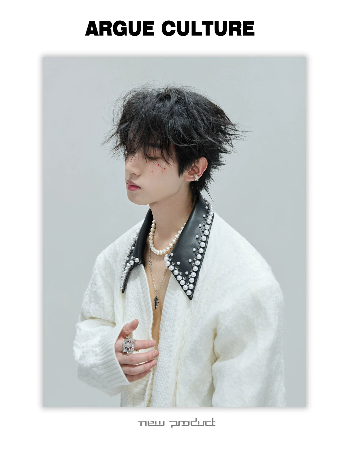 Pearl-Trimmed Wool Blend Cardigan with Contrast Collar - description image 20