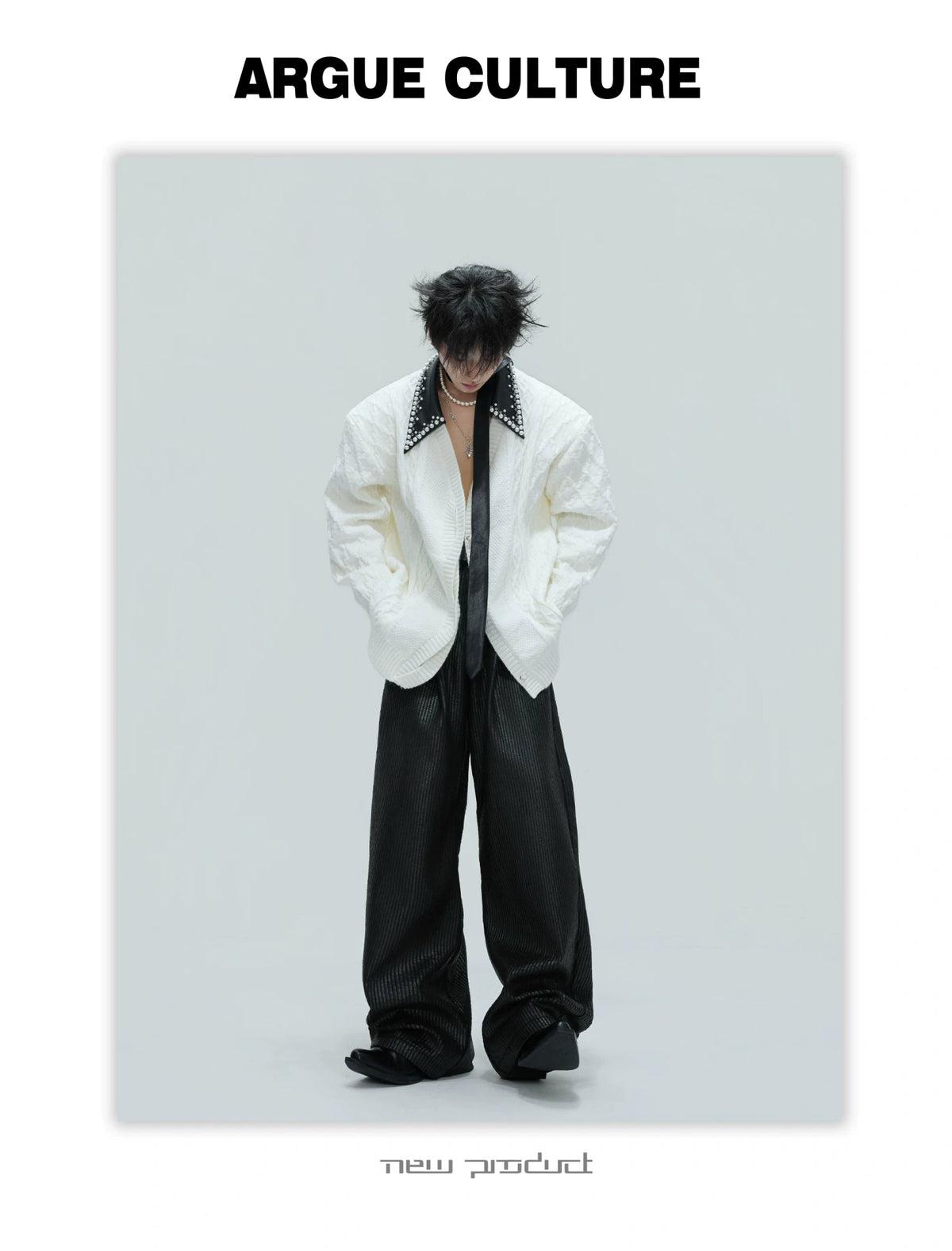Pearl-Trimmed Wool Blend Cardigan with Contrast Collar - description image 21
