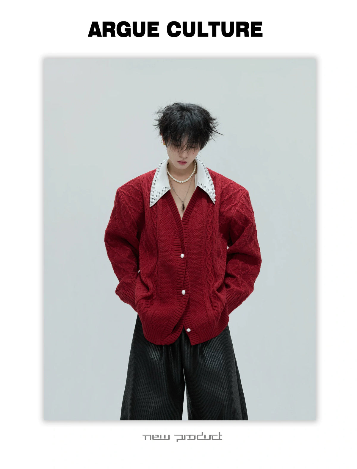 Pearl-Trimmed Wool Blend Cardigan with Contrast Collar - description image 22
