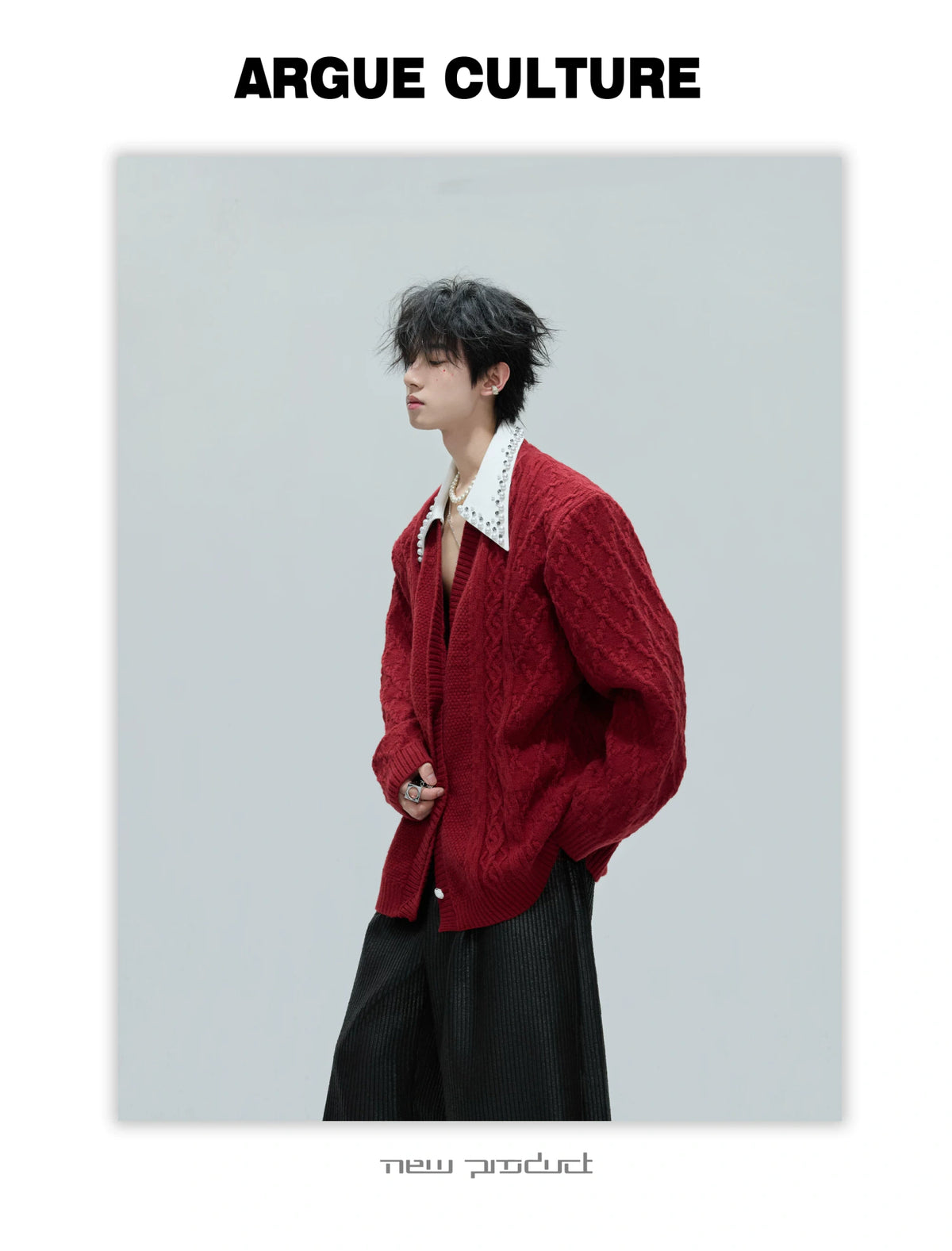 Pearl-Trimmed Wool Blend Cardigan with Contrast Collar - description image 23