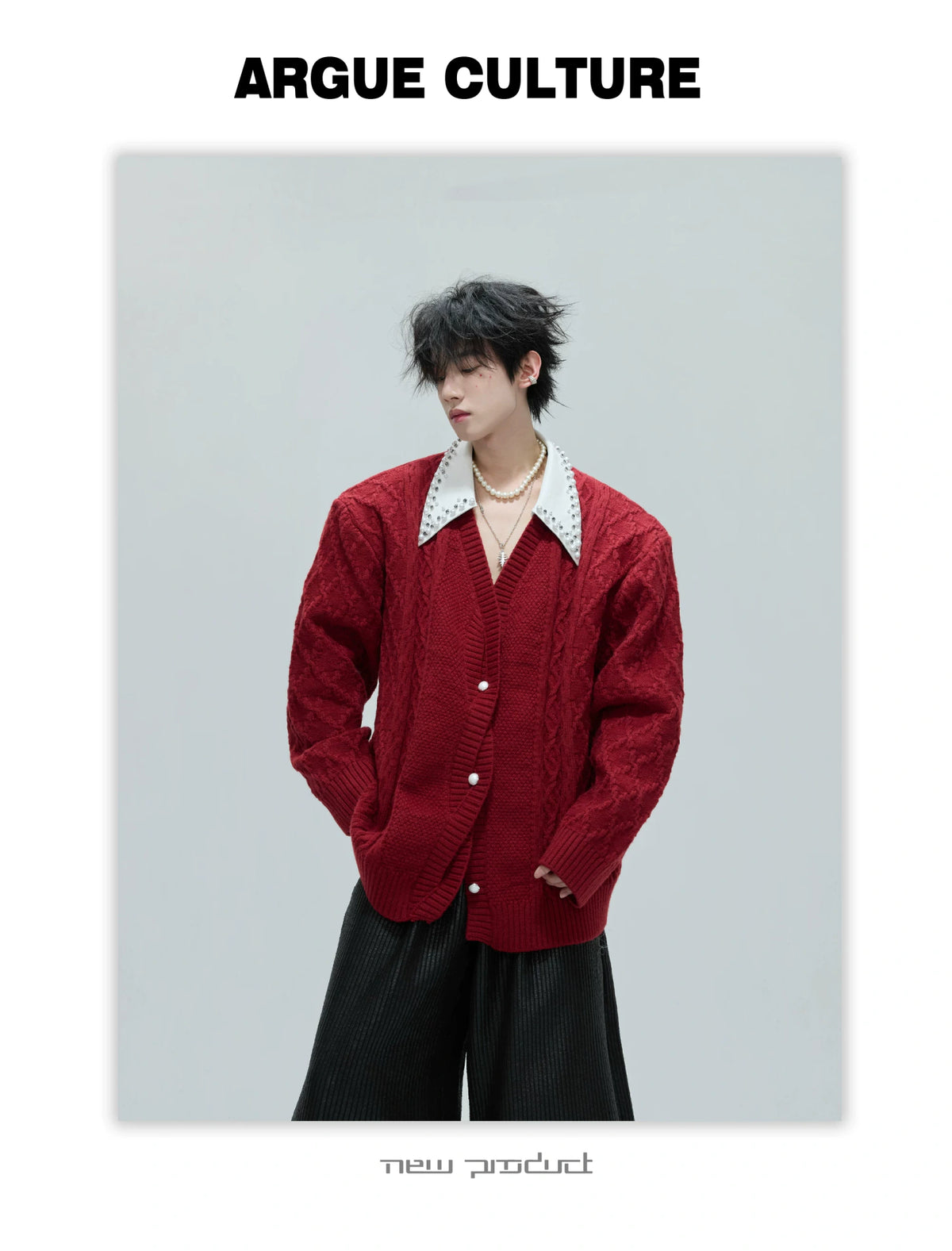 Pearl-Trimmed Wool Blend Cardigan with Contrast Collar - description image 24