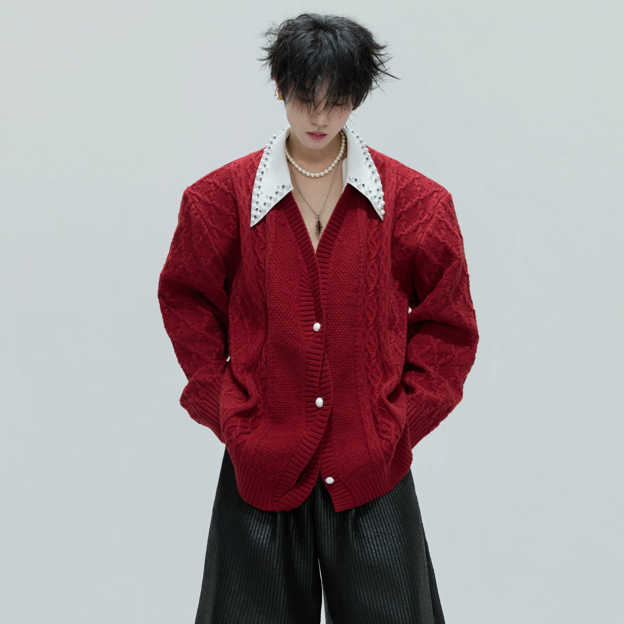 Pearl-Trimmed Wool Blend Cardigan with Contrast Collar - main image 1